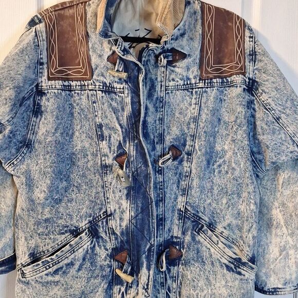 Izzi vintage 80s stone washed denim with leather accents long jacket/coat L - Picture 13 of 14